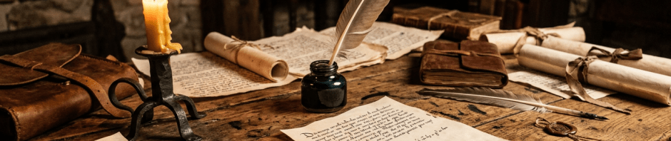 Wooden desk with manuscripts, rolled scrolls, quill pen in inkpot, wax seal, and candle